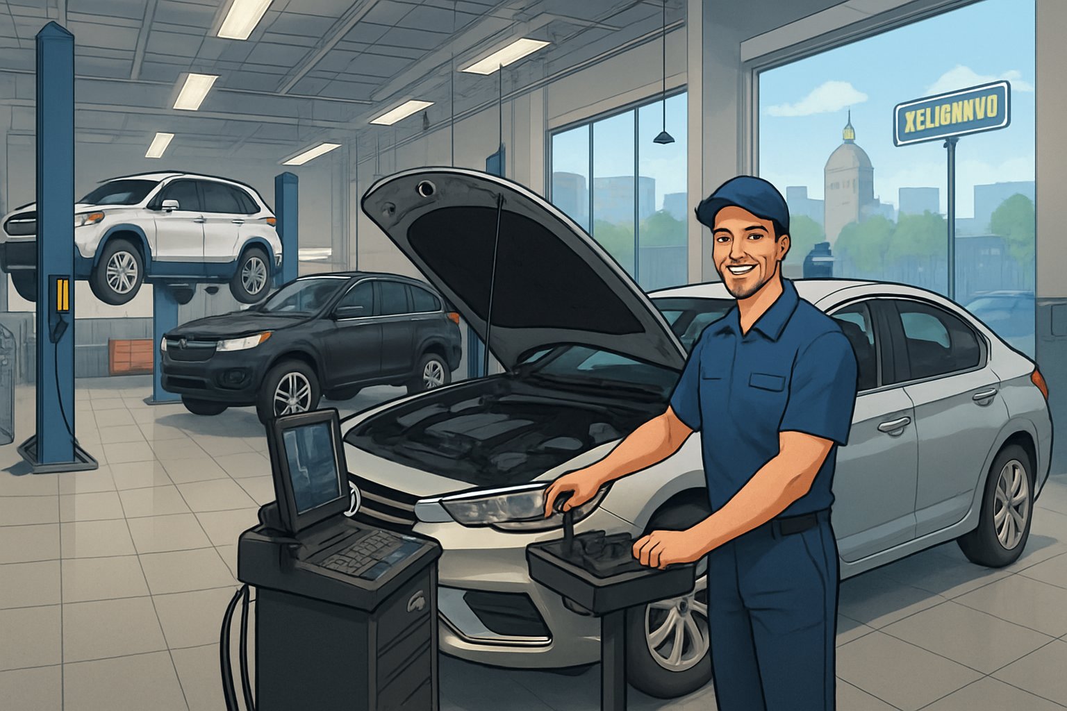 A mechanic working on a car inside a clean vehicle service center with several cars and tools visible.