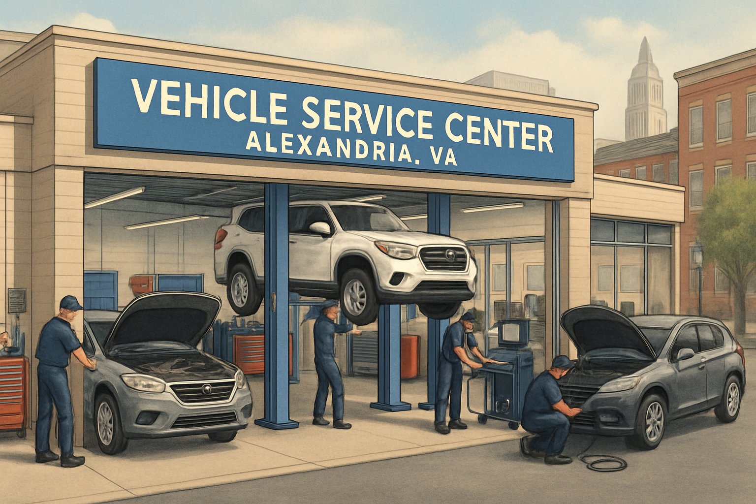 A vehicle service center in Alexandria with mechanics working on cars and a cityscape in the background.