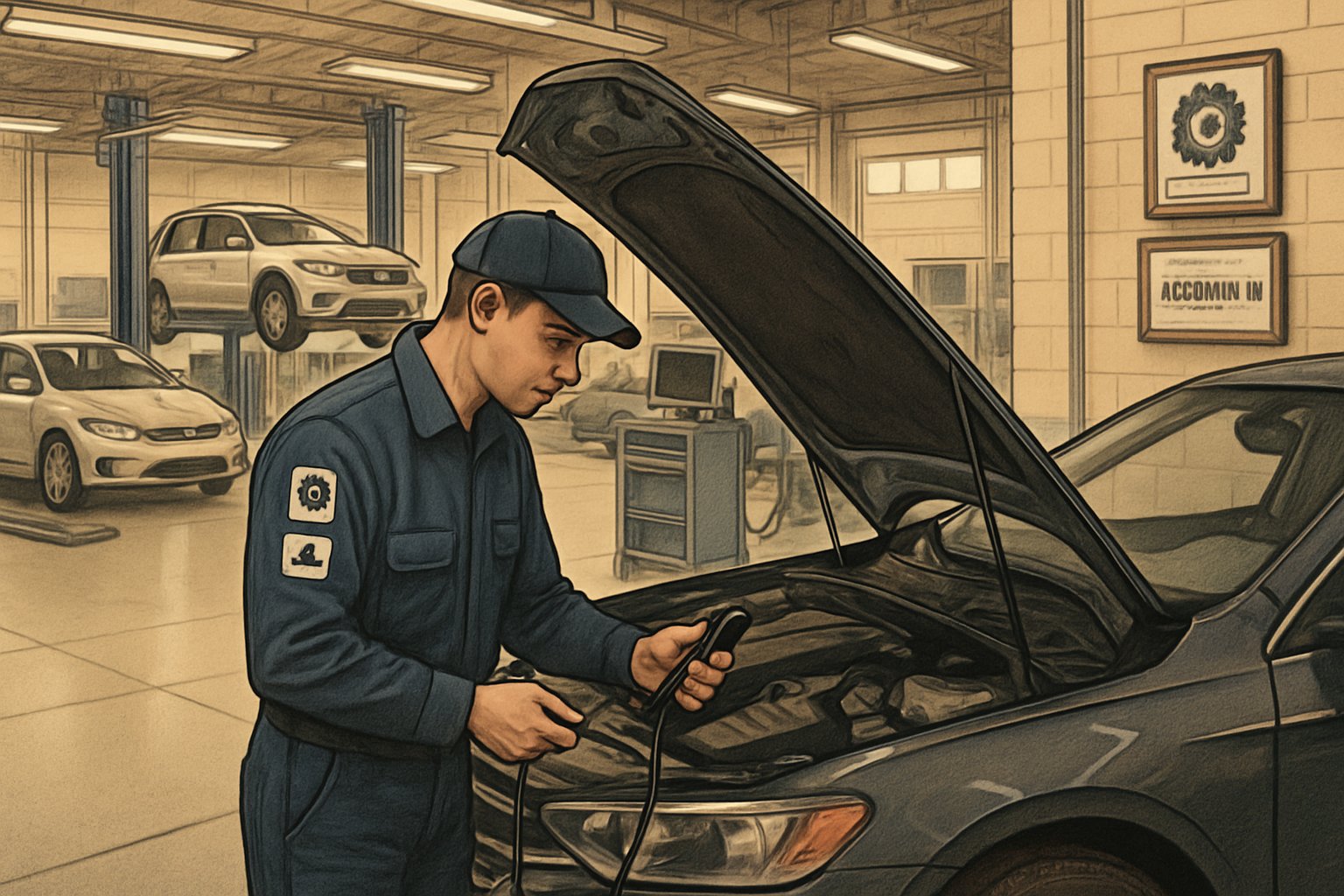 A mechanic inspecting a car engine inside a clean and organized vehicle service center with various cars and equipment in the background.