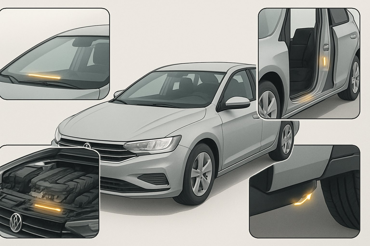 A car shown from multiple angles with highlighted areas indicating common locations of the Vehicle Identification Number.