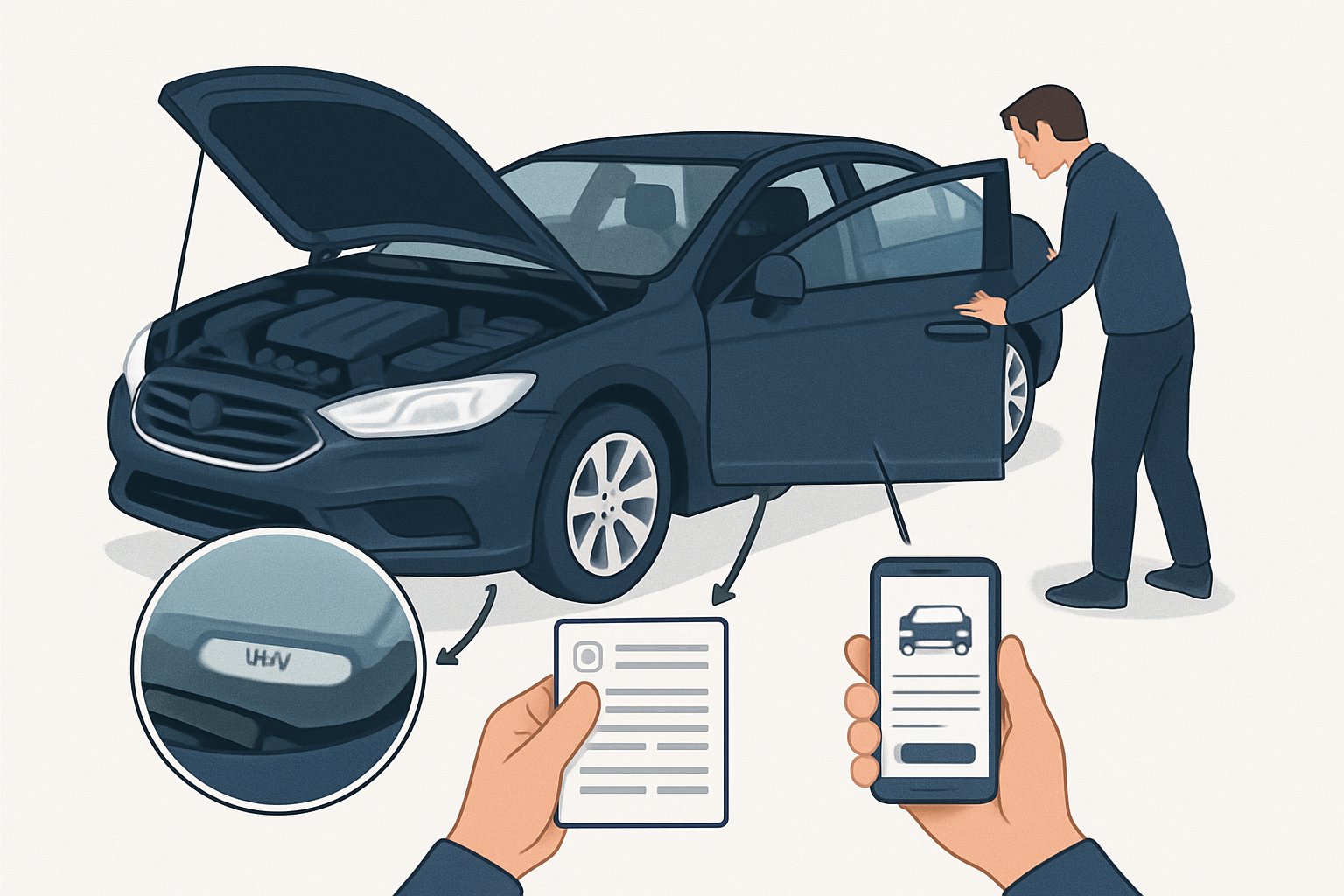 Illustration showing a car with open hood, a person checking the door frame, the dashboard area, a vehicle document, and a smartphone to represent different ways to find or verify a car's VIN.