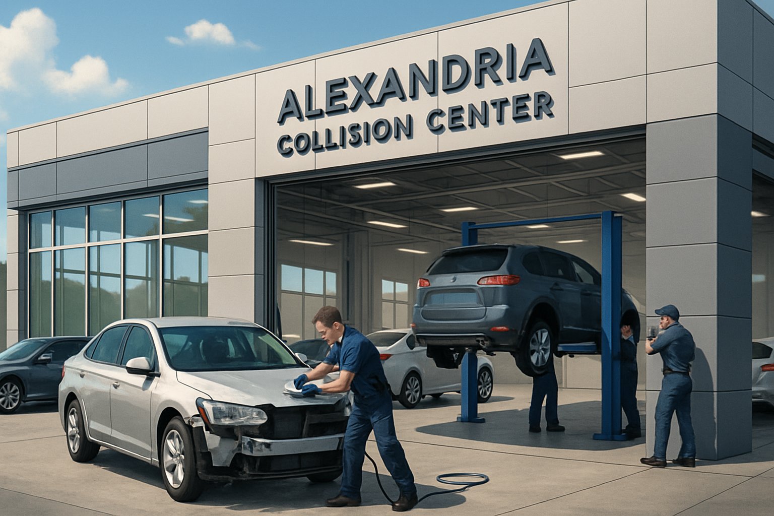 A modern automotive collision repair center with technicians working on cars inside a clean and organized workshop.