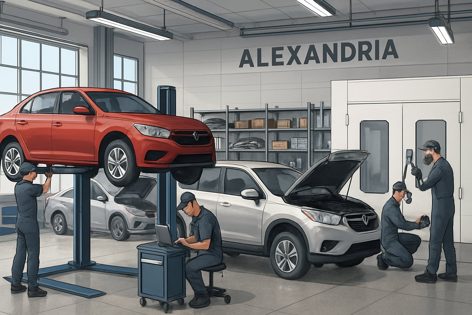 A busy automotive workshop with mechanics repairing cars using various tools and equipment.