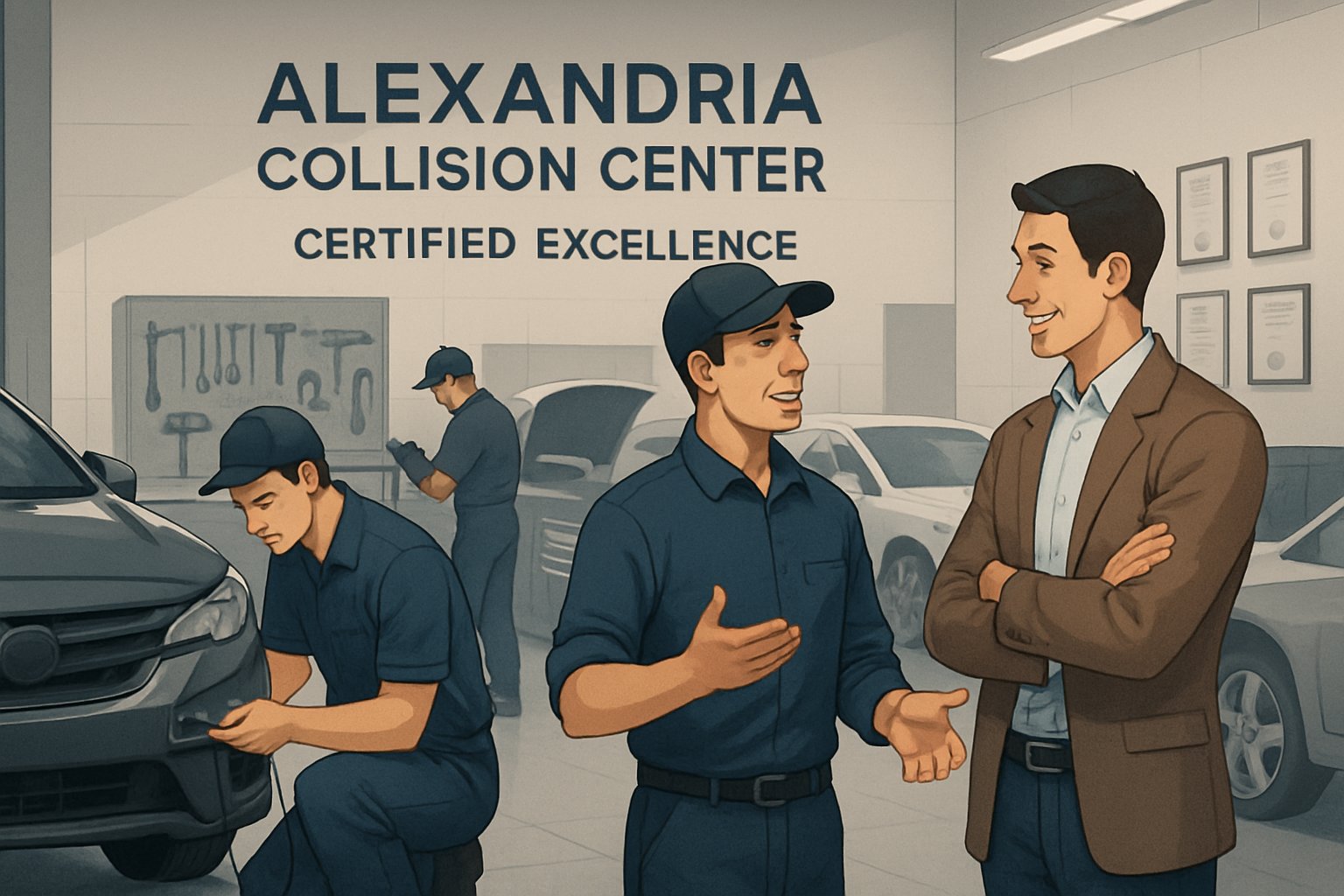 An automotive repair workshop with technicians working on cars and assisting a customer in a clean, organized environment.