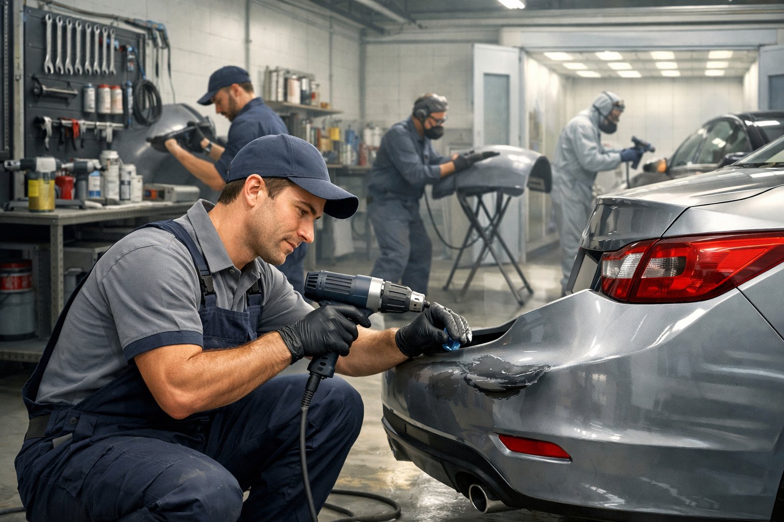 A technician repairing a car bumper inside an auto repair shop with tools and equipment around.