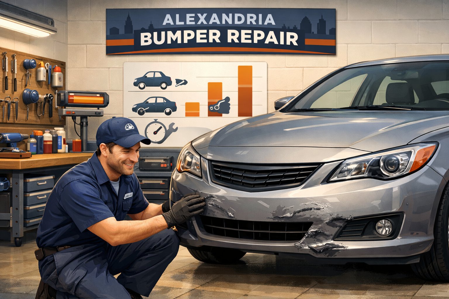 A mechanic inspecting a car's front bumper inside a clean auto repair shop with tools and equipment around.