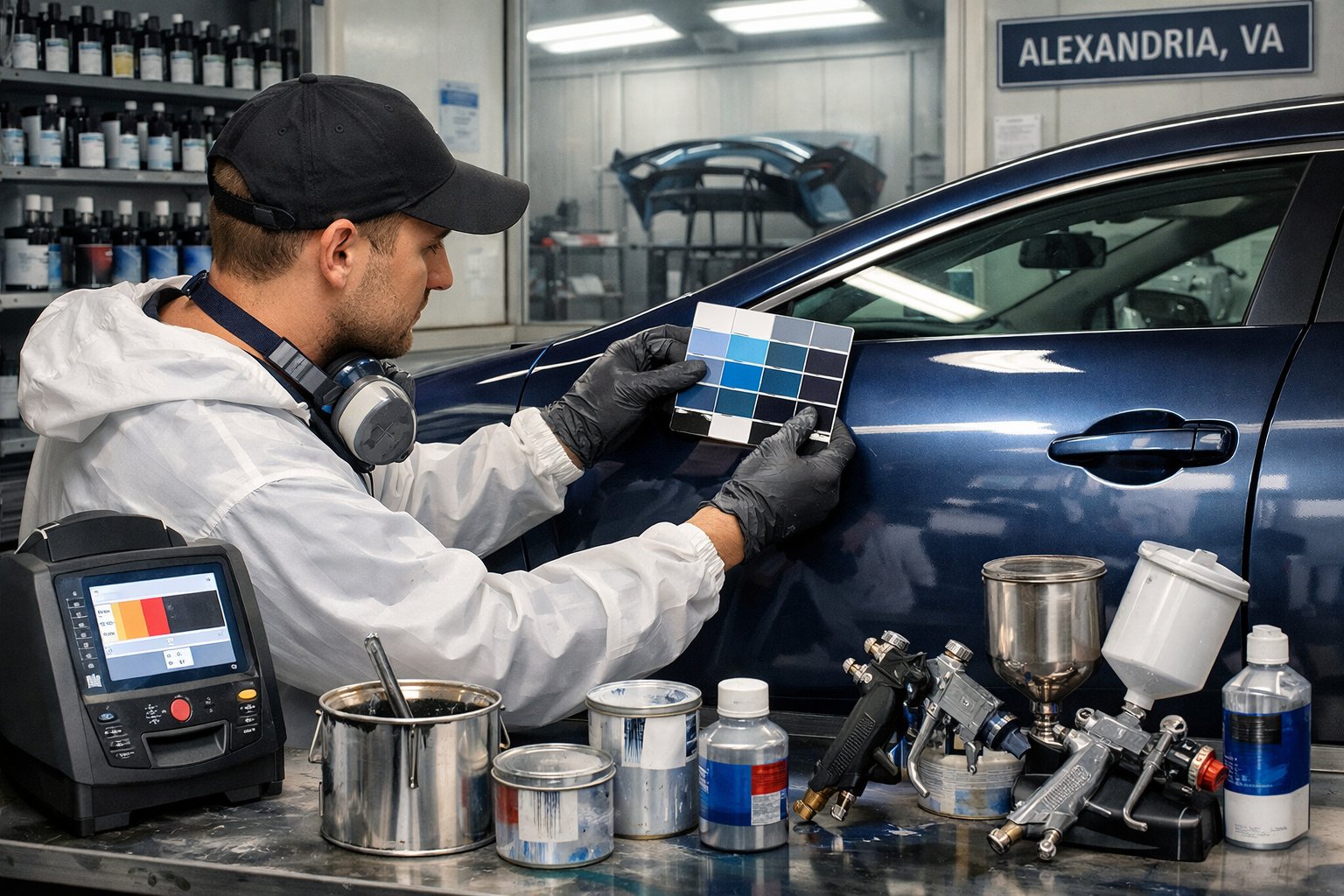 A technician matching car paint colors next to a freshly painted car panel inside an automotive refinishing workshop.