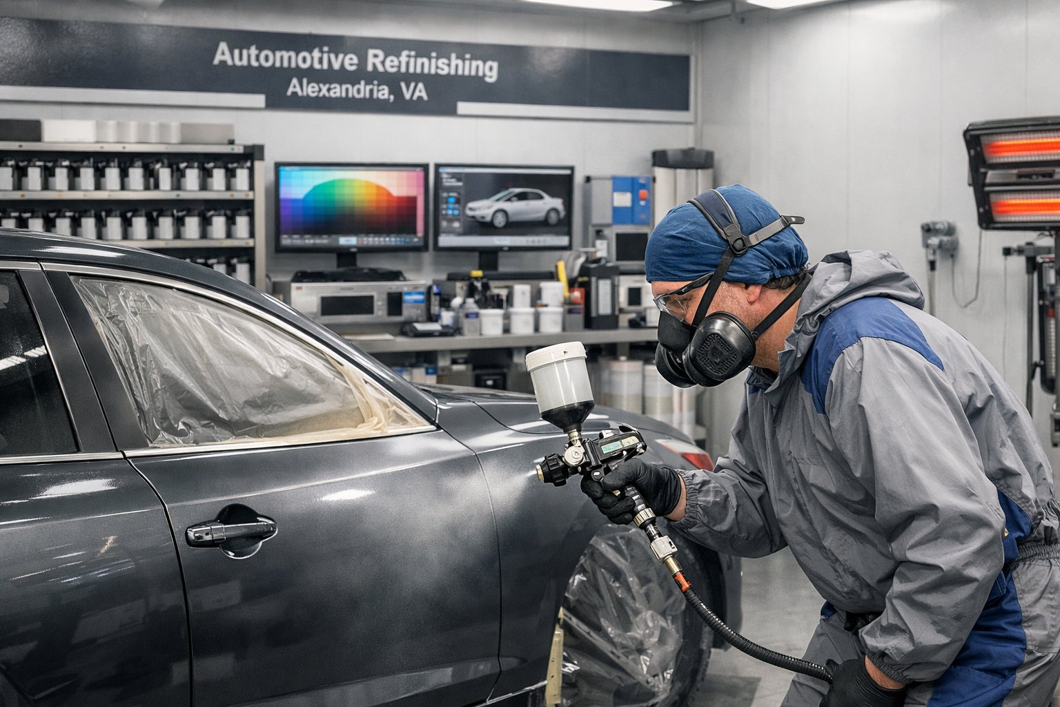 A technician applying paint to a car door in a clean automotive refinishing workshop with tools and color matching equipment in the background.