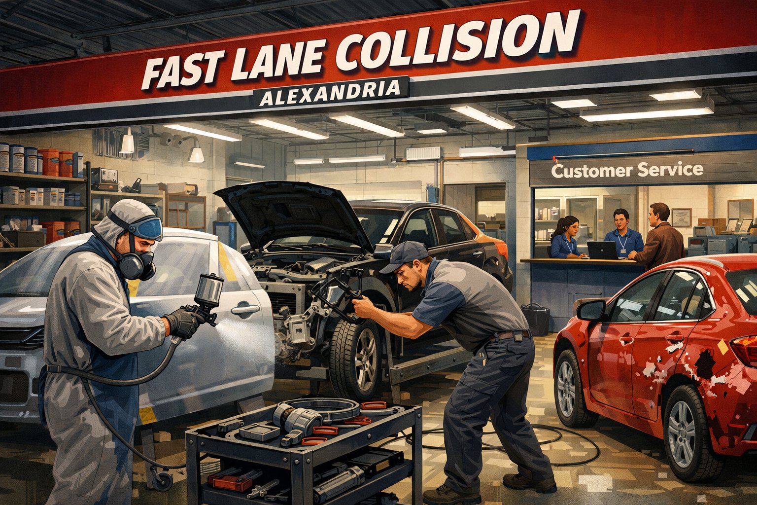An auto repair shop with technicians fixing and repainting cars while a customer is assisted at a service desk.