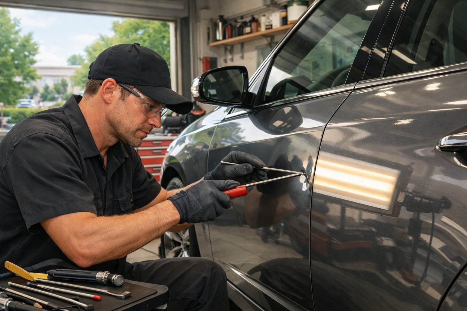 A technician repairing a dent on a car door inside a clean automotive workshop.