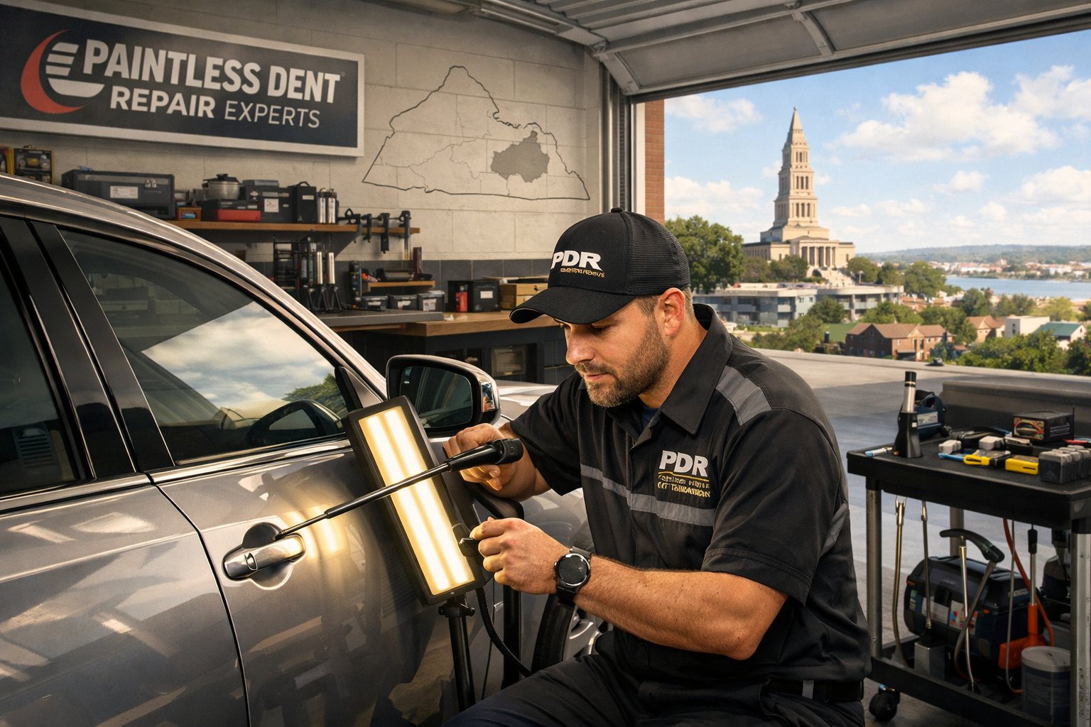 A technician repairing dents on a silver car inside a clean auto repair shop near Alexandria, Virginia.