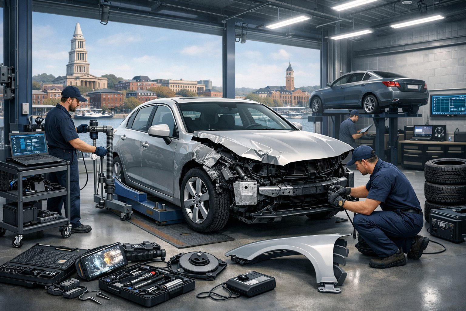 A car being repaired by mechanics in an auto shop with a cityscape of Alexandria, Virginia in the background.