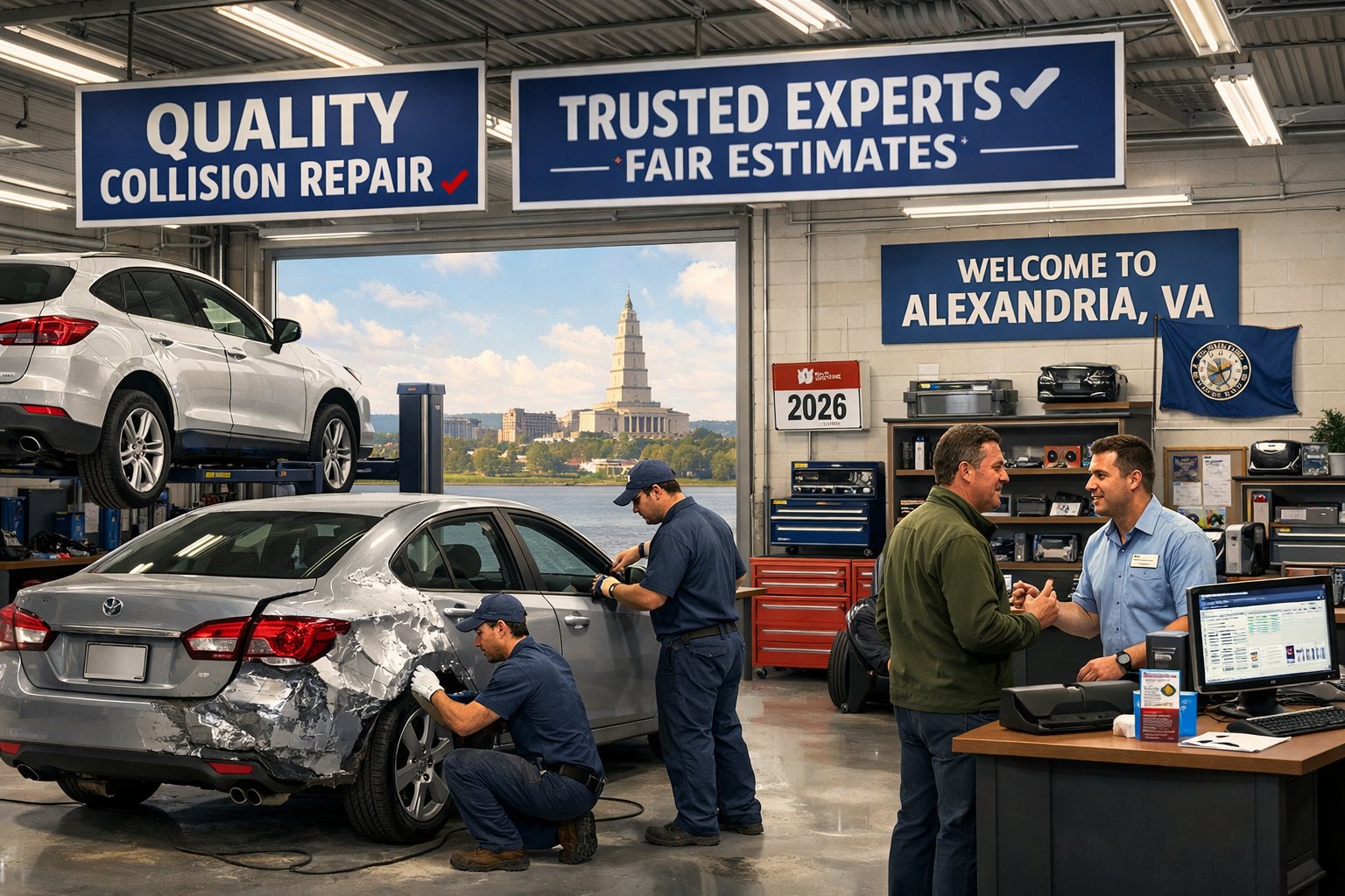 A collision repair shop with mechanics working on cars and a customer talking to a service advisor inside a clean, organized garage.