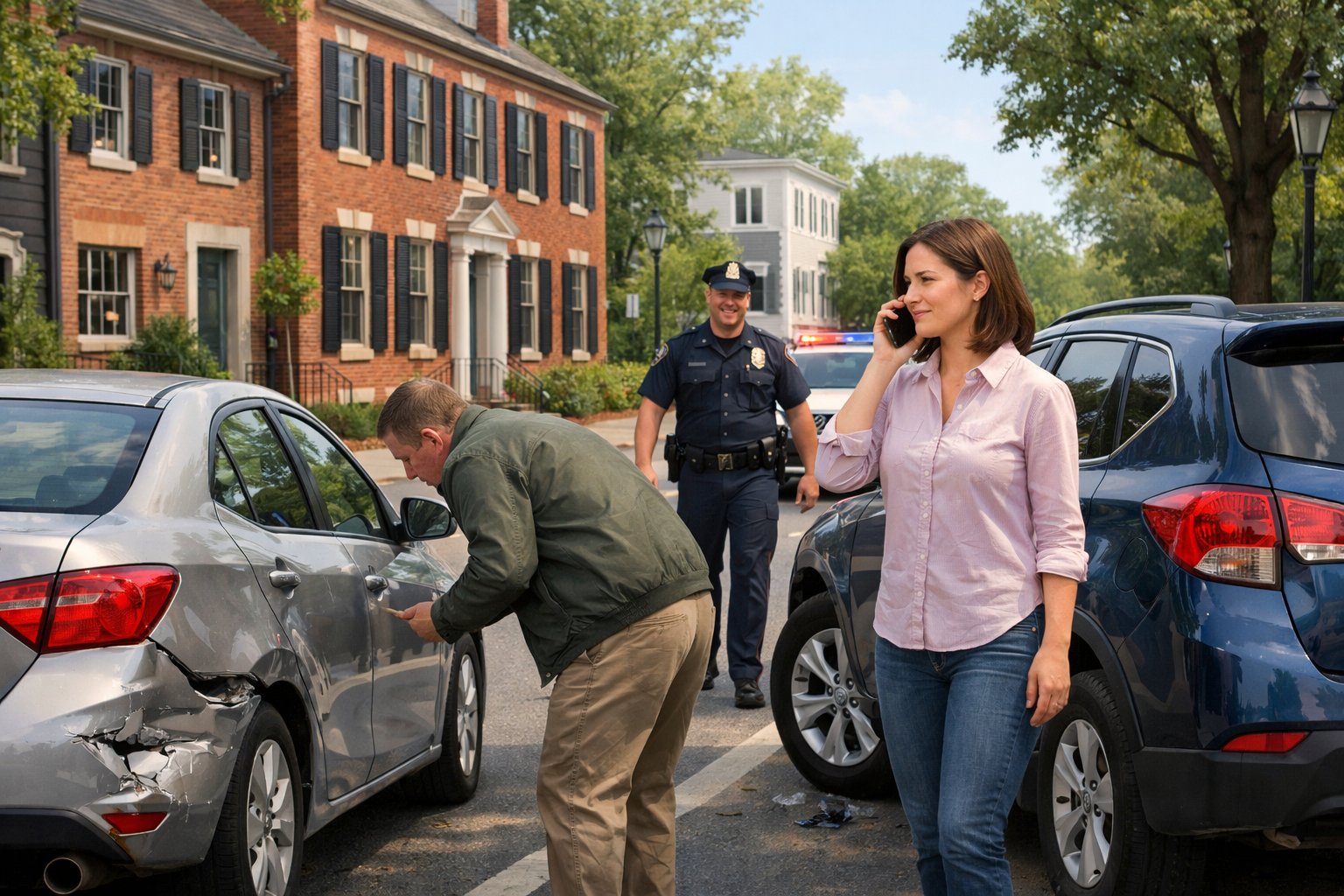 Two cars stopped on a suburban street after a minor accident, with people checking their vehicles and a police officer arriving to help.