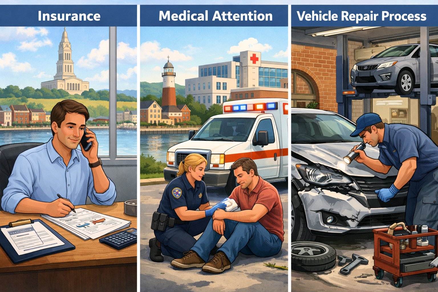 Three connected scenes showing a person calling insurance, a paramedic helping an injured person near an ambulance, and a mechanic inspecting a damaged car in a repair shop with Alexandria landmarks in the background.