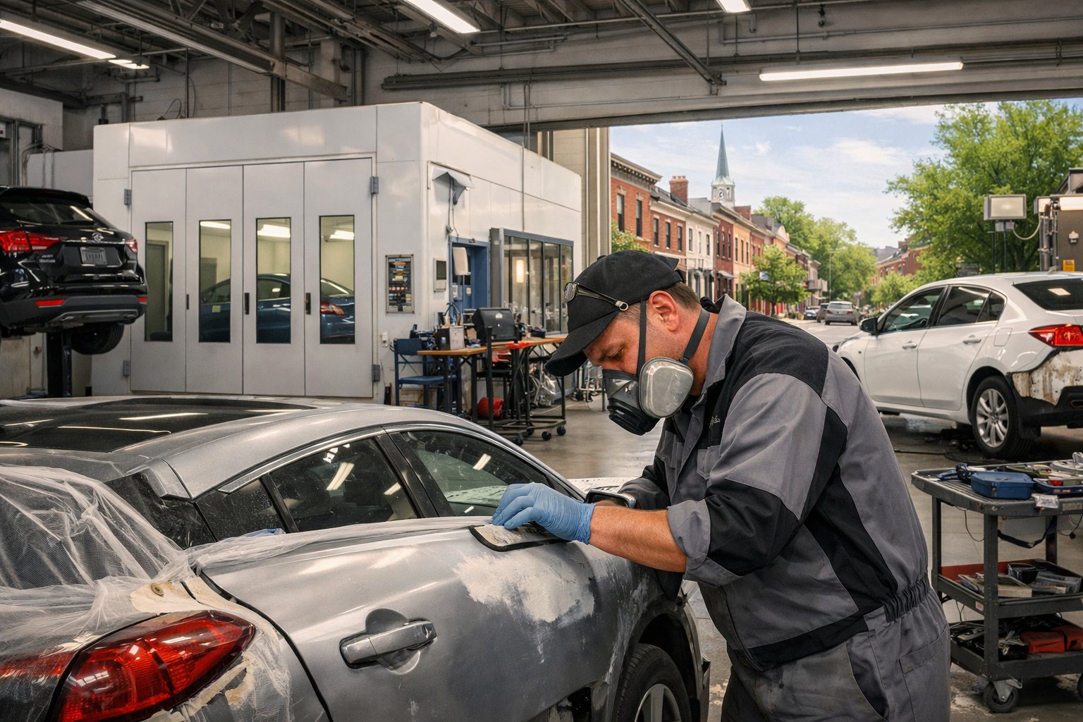 A clean auto body repair shop with technicians working on cars and equipment inside a garage in a city setting.
