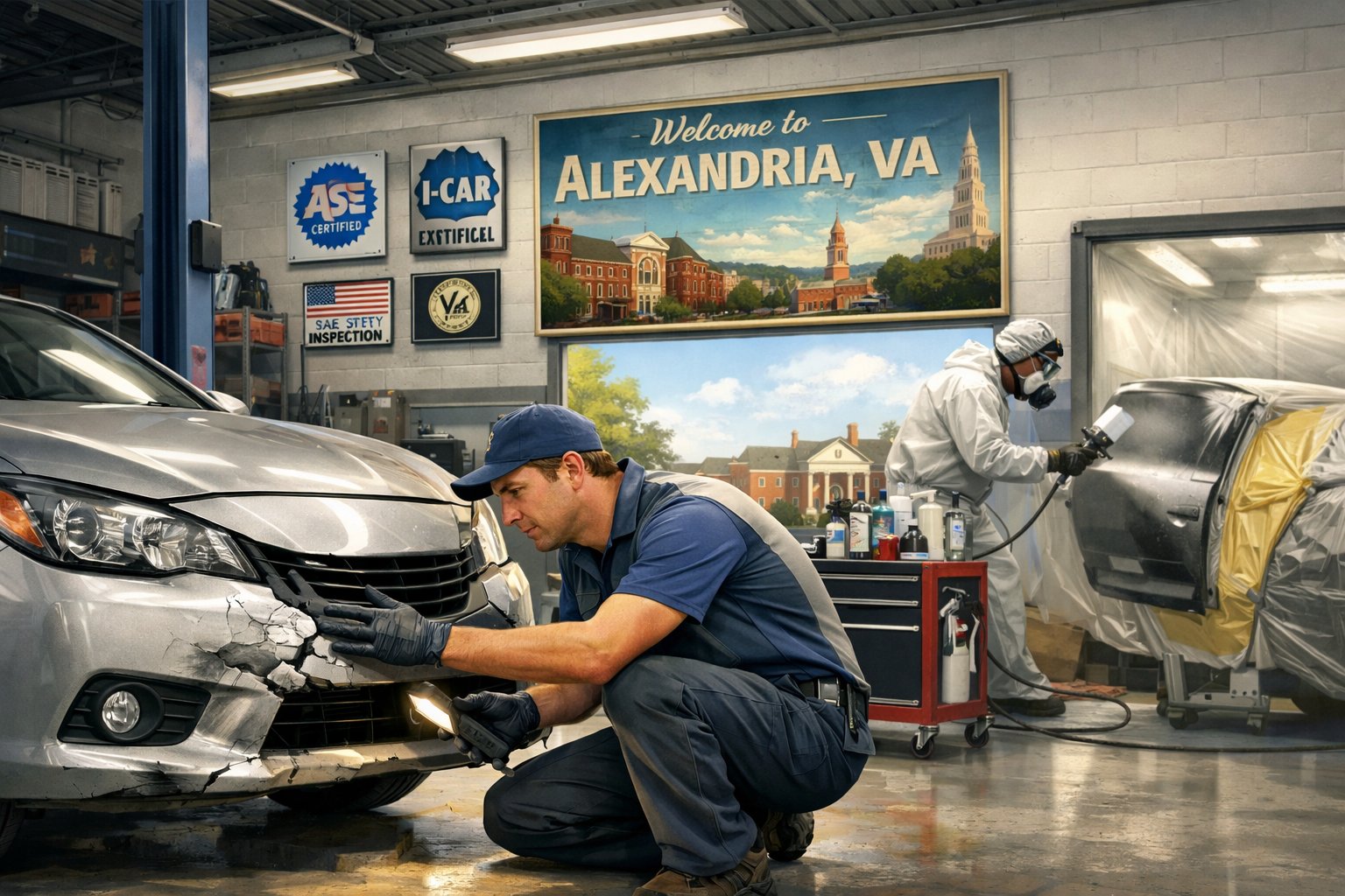 An auto body repair shop in Alexandria with technicians inspecting and repairing cars inside a clean garage.