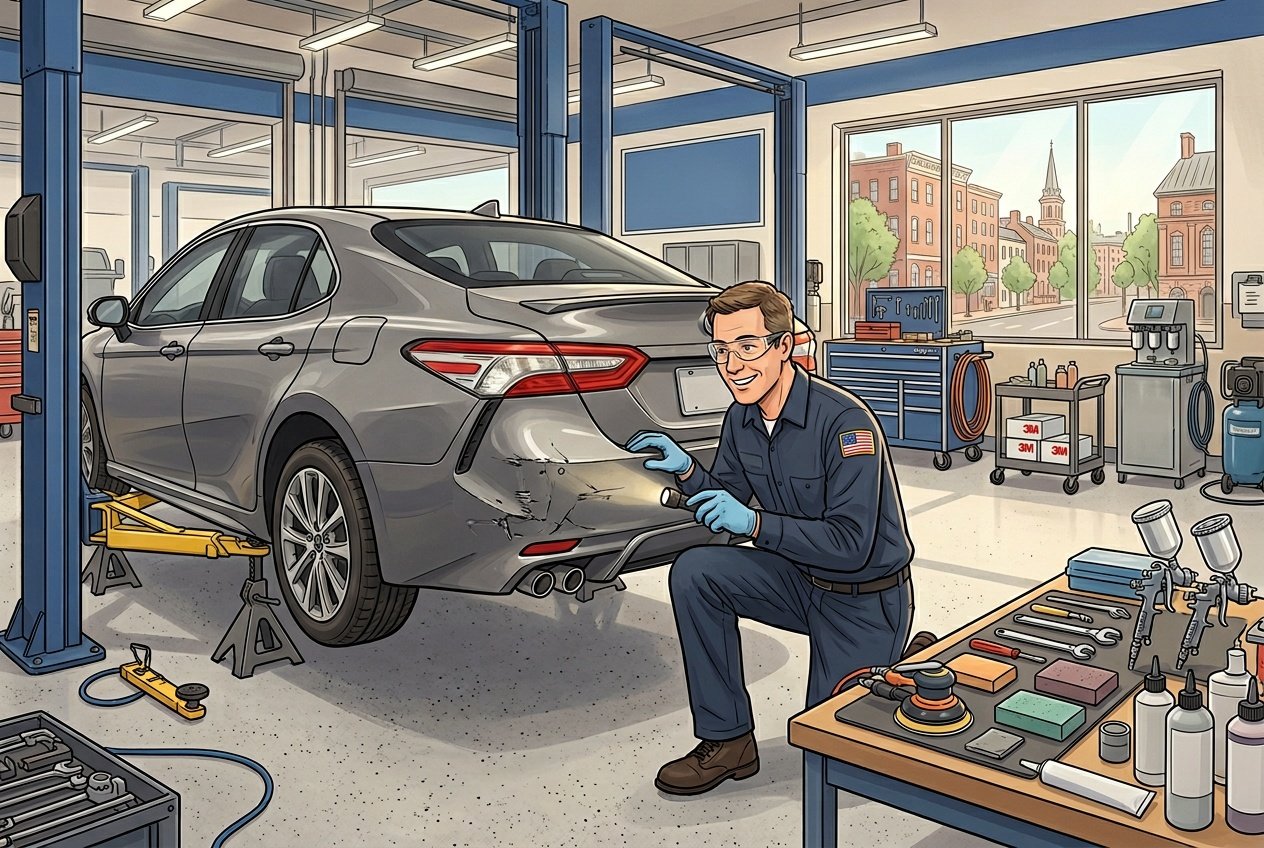 A mechanic in a clean auto repair shop inspecting a car bumper with minor damage, with tools and equipment nearby and a city view through a window.