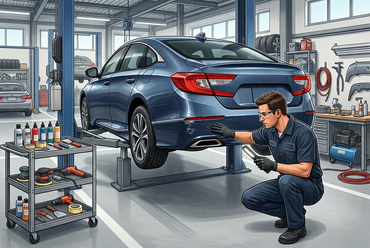 A technician inspecting a car bumper with minor damage inside a clean auto body shop filled with repair tools and equipment.