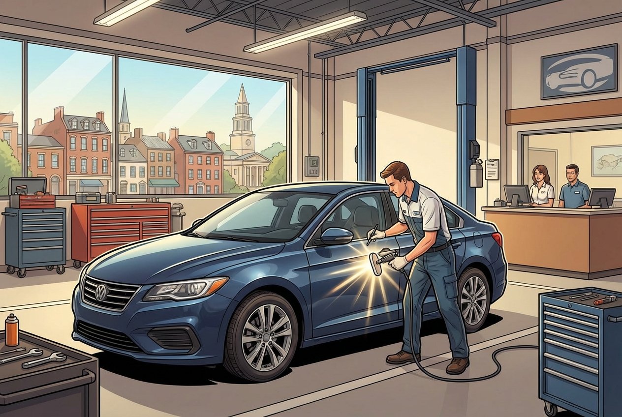 A technician repairing a minor dent on a dark sedan inside a clean auto repair shop with tools and equipment visible.