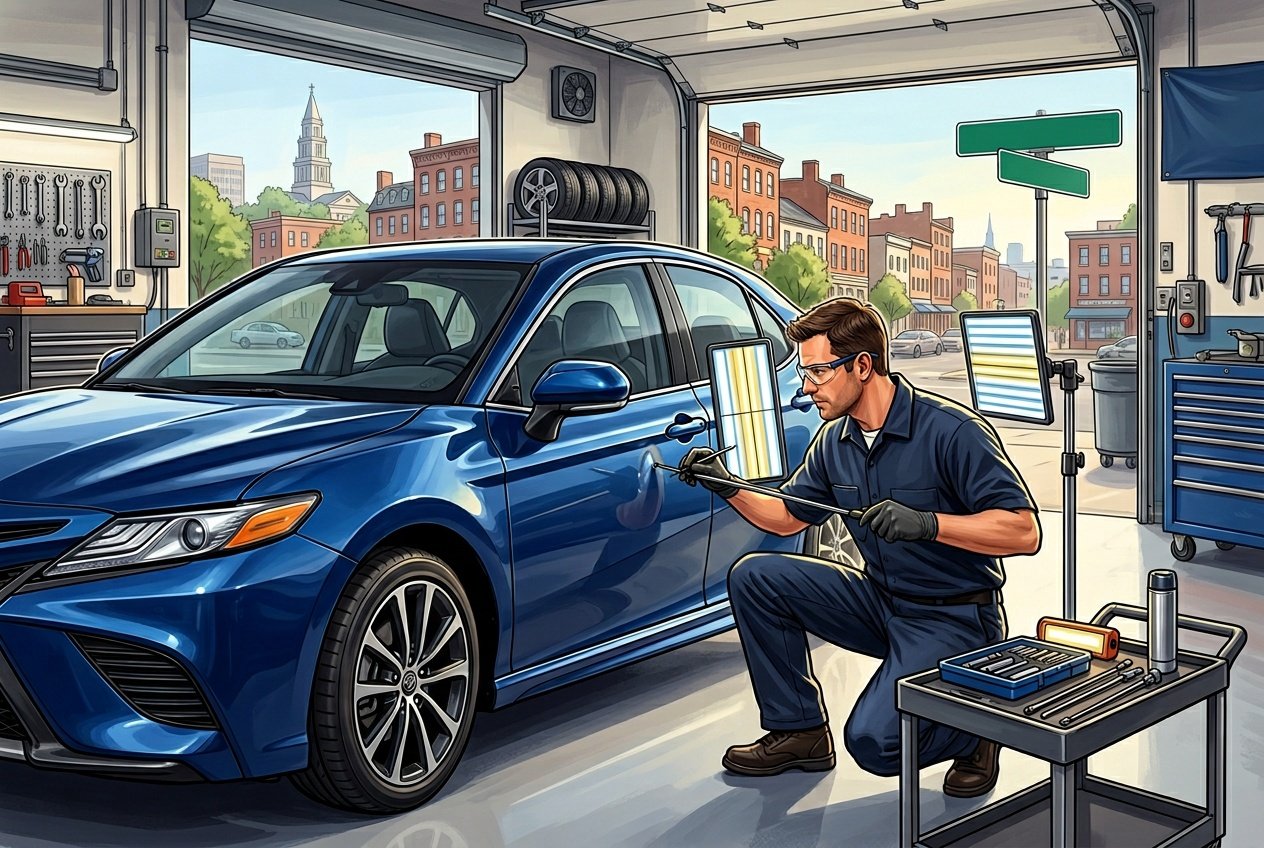An auto technician repairing minor dents on a car door inside a clean garage with a cityscape in the background.