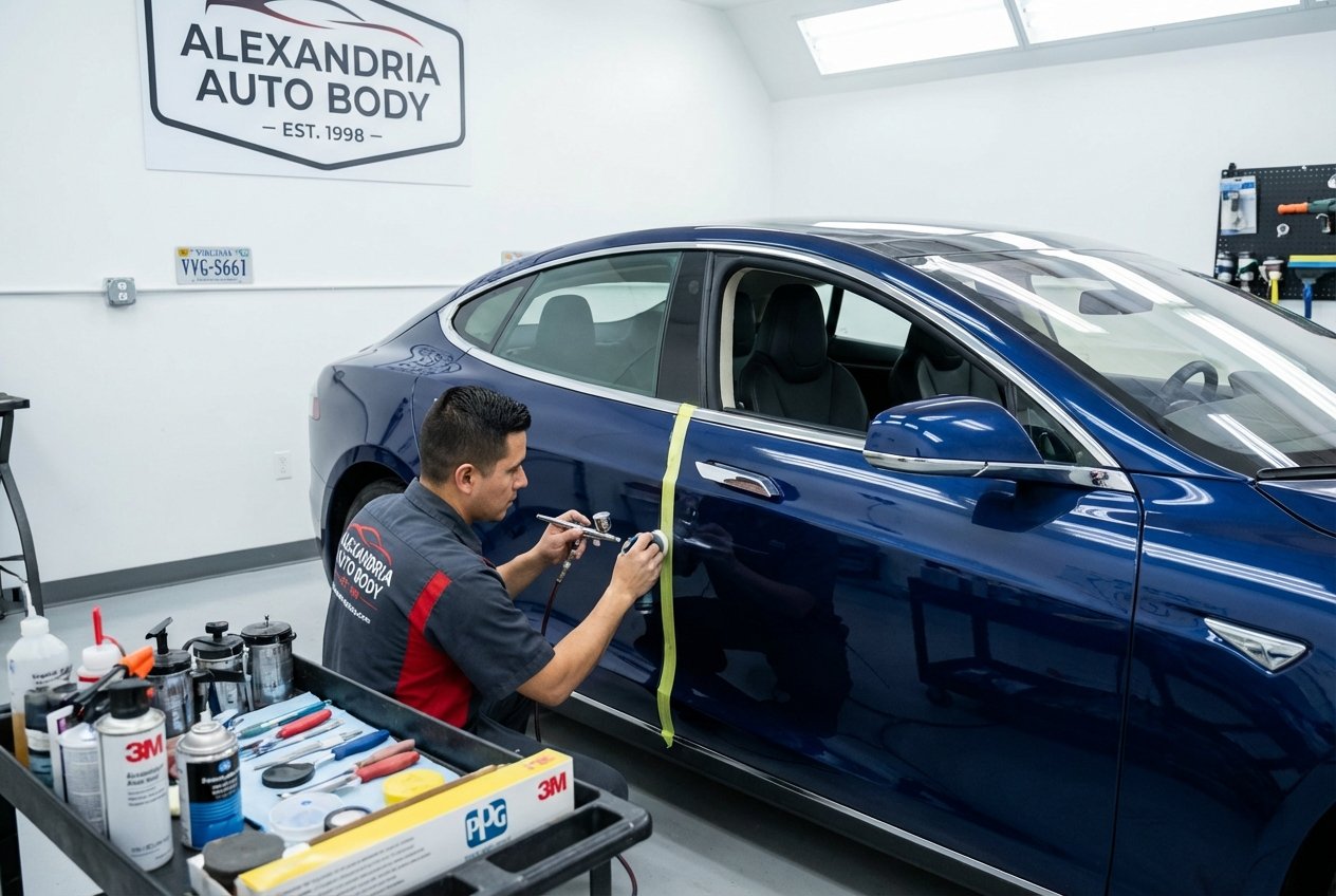 A technician repairing paint scratches on a car inside a clean and organized auto repair shop.