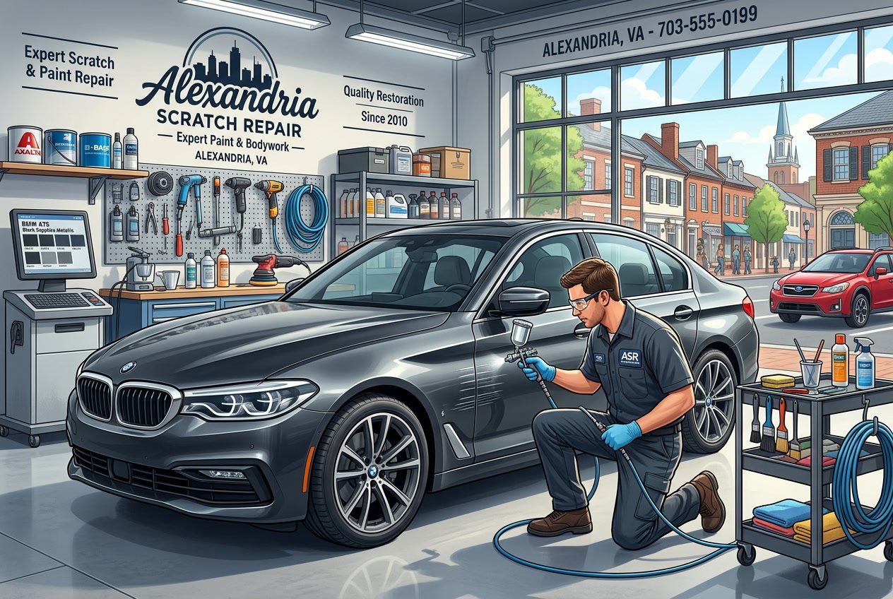 A technician repairing scratches on a dark-colored car in a clean auto repair workshop with tools and paint supplies visible.