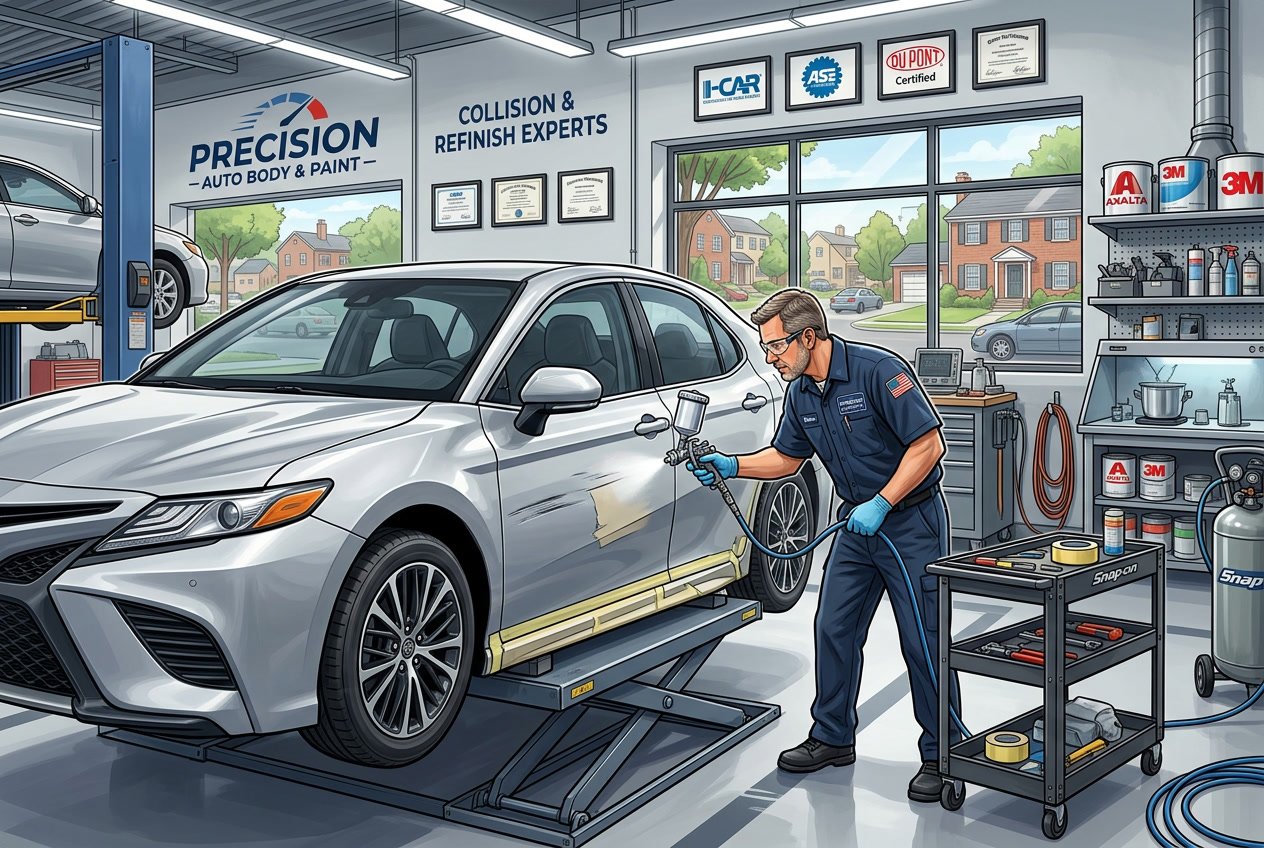 A technician repairing and repainting a scratched car door inside a clean auto body shop with tools and paint supplies visible.