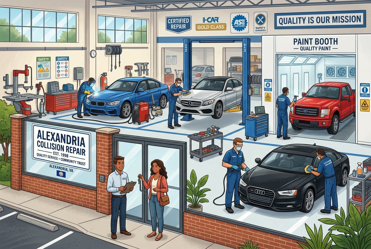 A clean collision repair shop with technicians working on cars and a customer talking to a service advisor outside.