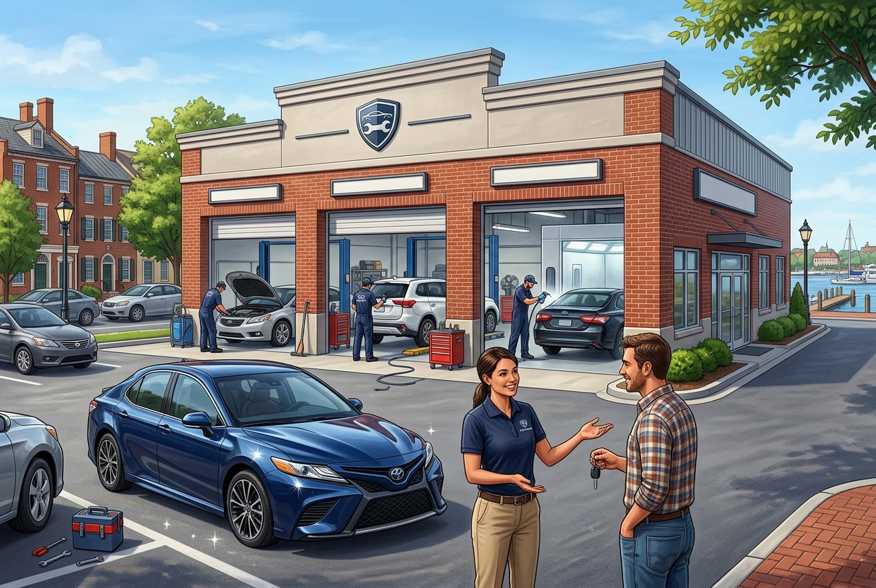 A collision repair shop in Alexandria, VA with technicians working on cars and a service advisor talking to a driver near a repaired vehicle.