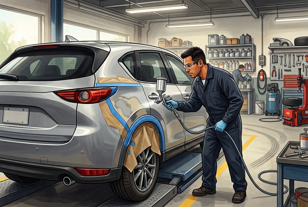 A technician repairing and repainting the side of a damaged car inside an auto body shop.